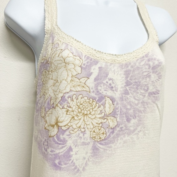 Lucky Tees Womens Cream Purple Lace Accent Dragon Lotus Flower Print Tank Size M - Picture 5 of 12